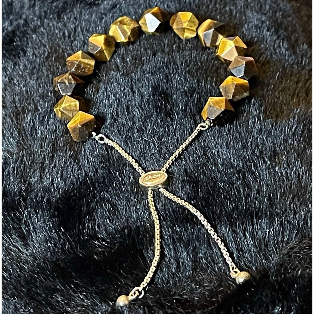 LA CN Tiger Eye Faceted Gems Bracelet Silver Slide Closure Fits Sz 5-9 Genuine